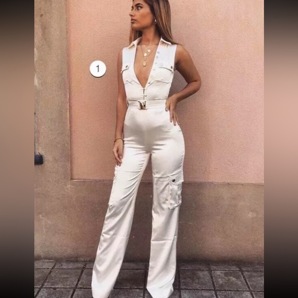Meshki Ivory Satin Belted Jumpsuit Small